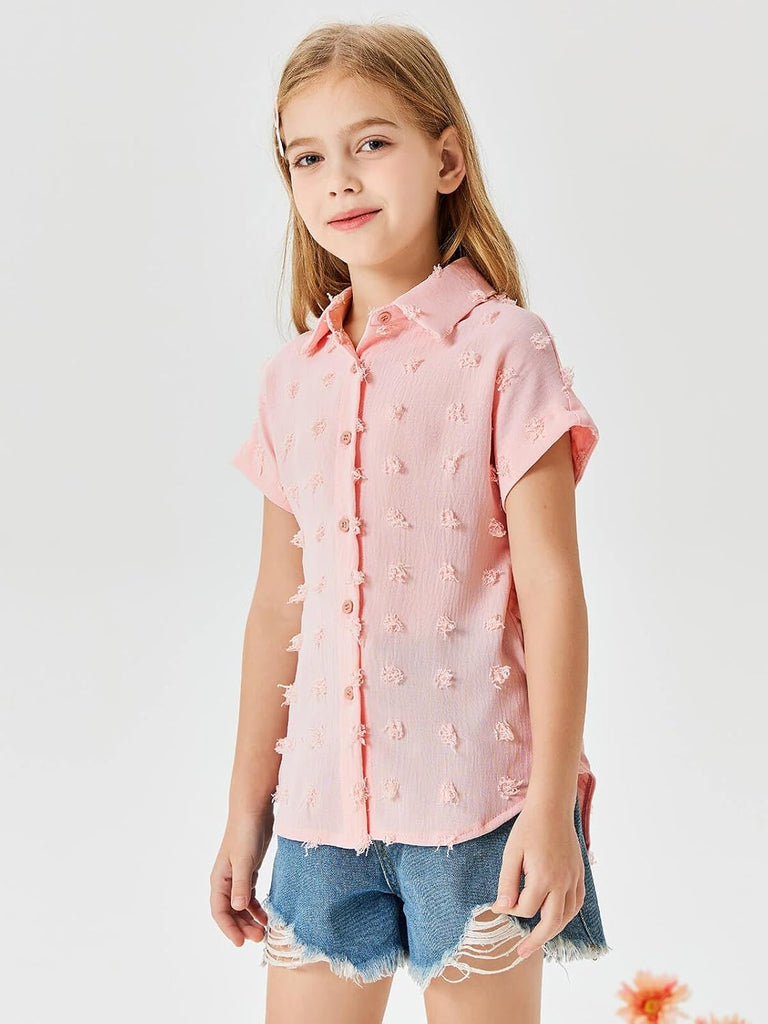 Girls Button Down Shirts Short Sleeve Kids Casual Chiffon Blouse Summer Tops T-Shirt