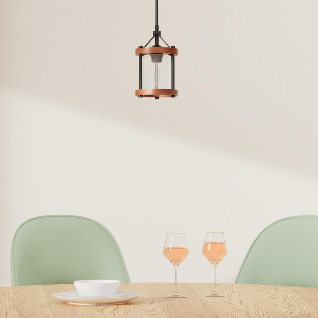 Farmhouse Pendant Light, Rustic Walnut Wood Metal Cage Hanging Light Fixtures with Glass, Adjustable for Flat and
