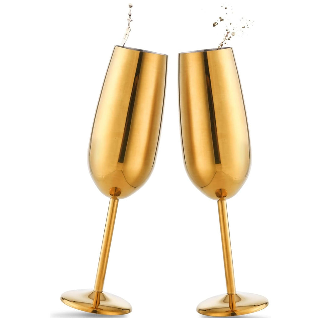 2-Pack Unbreakable Stemmed Champagne Glasses, 18/10 Stainless Steel Champagne Flutes, 8 OZ Gold Champagne Flute with