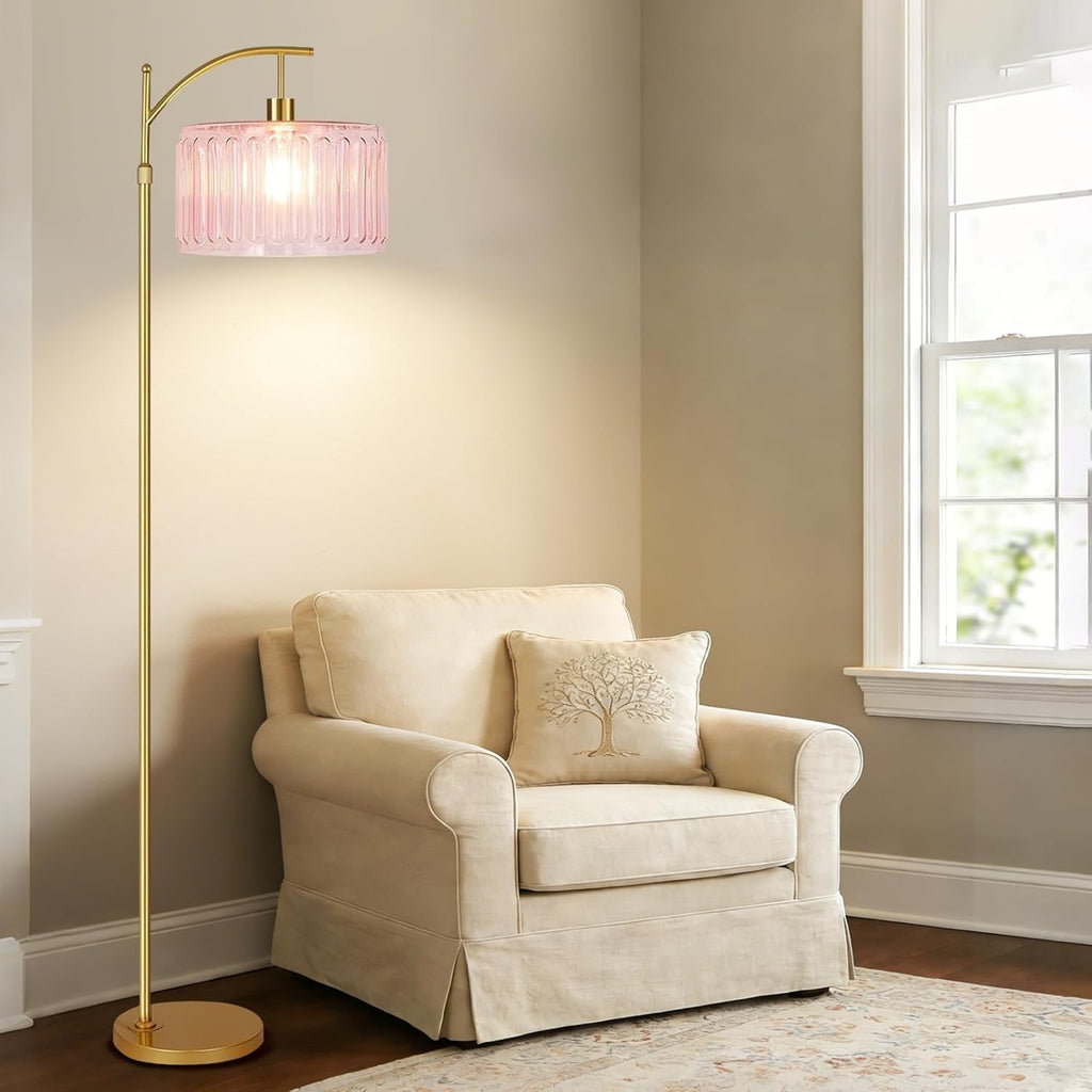 Pink Floor Lamp,Gold Dimmable Standing Lamp with Remote,Mid Century Modern Brass Tall Lamp Boho Floor Lamps Arc