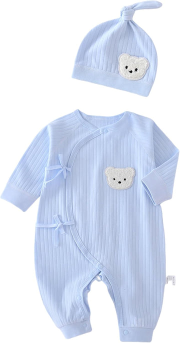 Baby Ribbed Romper and Hat Set with Bear Applique, 100% Cotton Infant Bodysuit, White, Long Sleeve