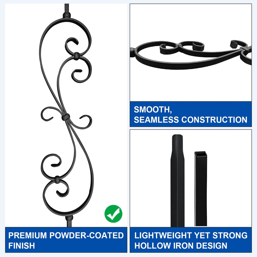 5 Pack 44" Iron S Scroll Balusters for Staircase Interior, 1/2" Hollow Stair Balusters, Matte Black Metal Balusters