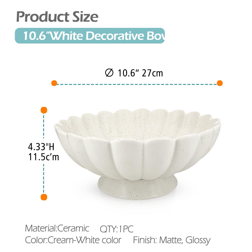 Large Fruit Bowl Counter-10.6" White Ceramic Fluted Scalloped Decorative Footed Bowl -Elegant Pedestal Display Bowls