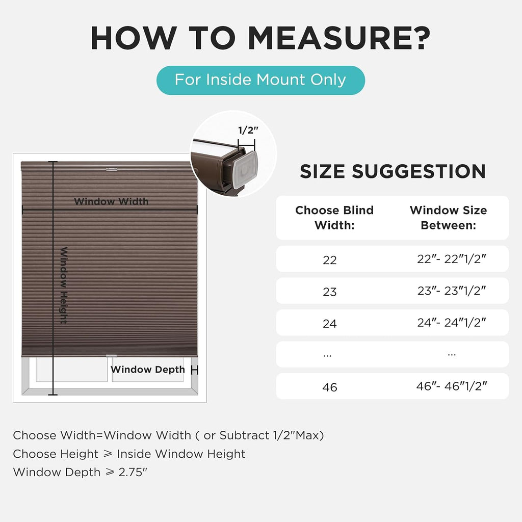No Drill Blackout Cellular Shades, Brown, 22" W x 64" H | Cordless Top Down Bottom Up Blinds, No Drill Installation