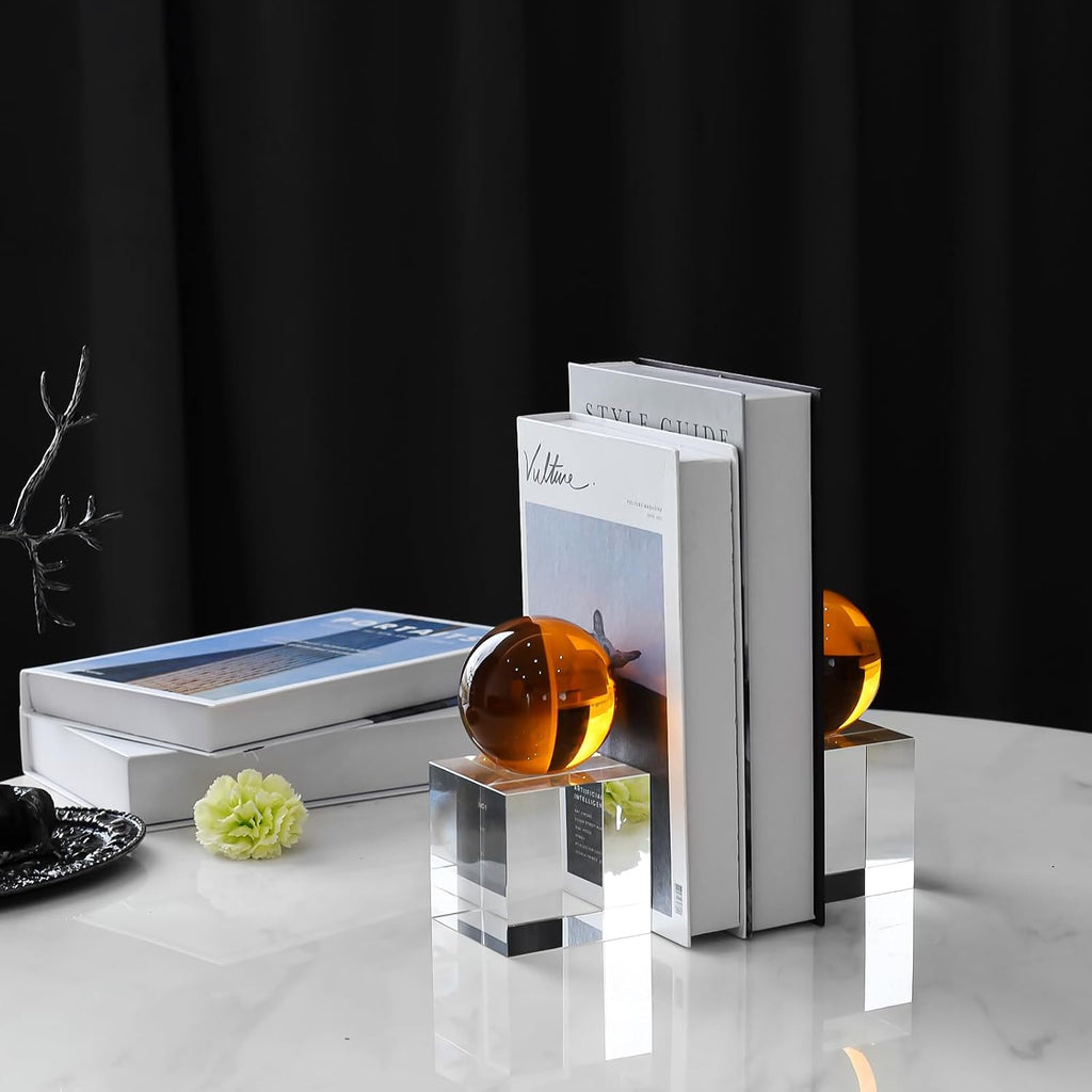 Crystal Bookends, 1 Pair of Decorative Tabletop Bookends , Desk, Comes with Gifed Box, Amber