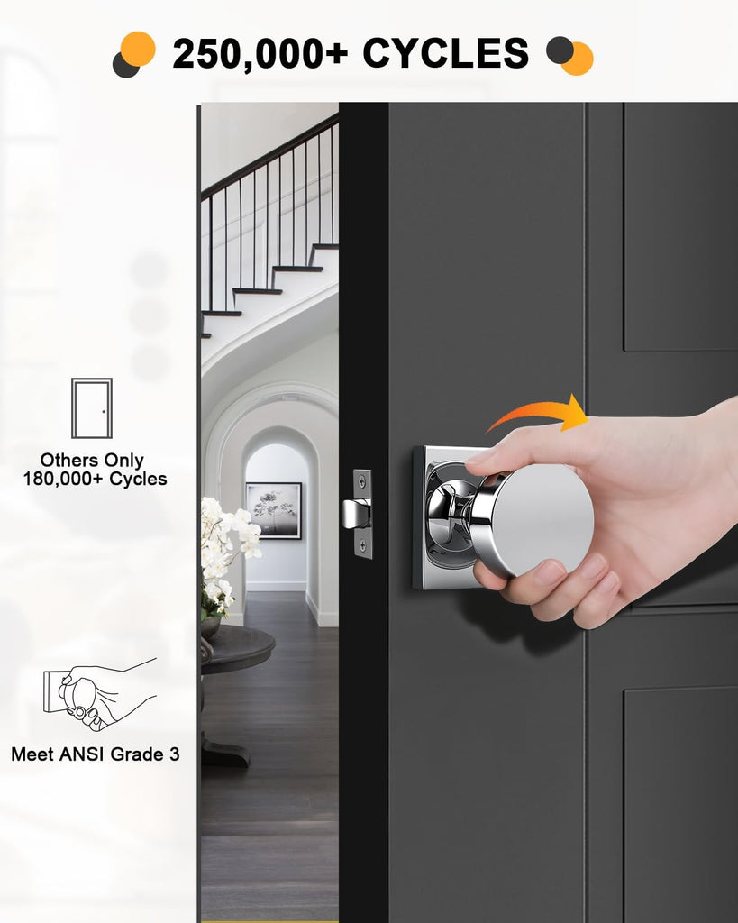 Polished Chrome Passage Door Knob with Square Rosette, Heavy Duty Closet Door Handles Without Lock,1 Pack Door Knob