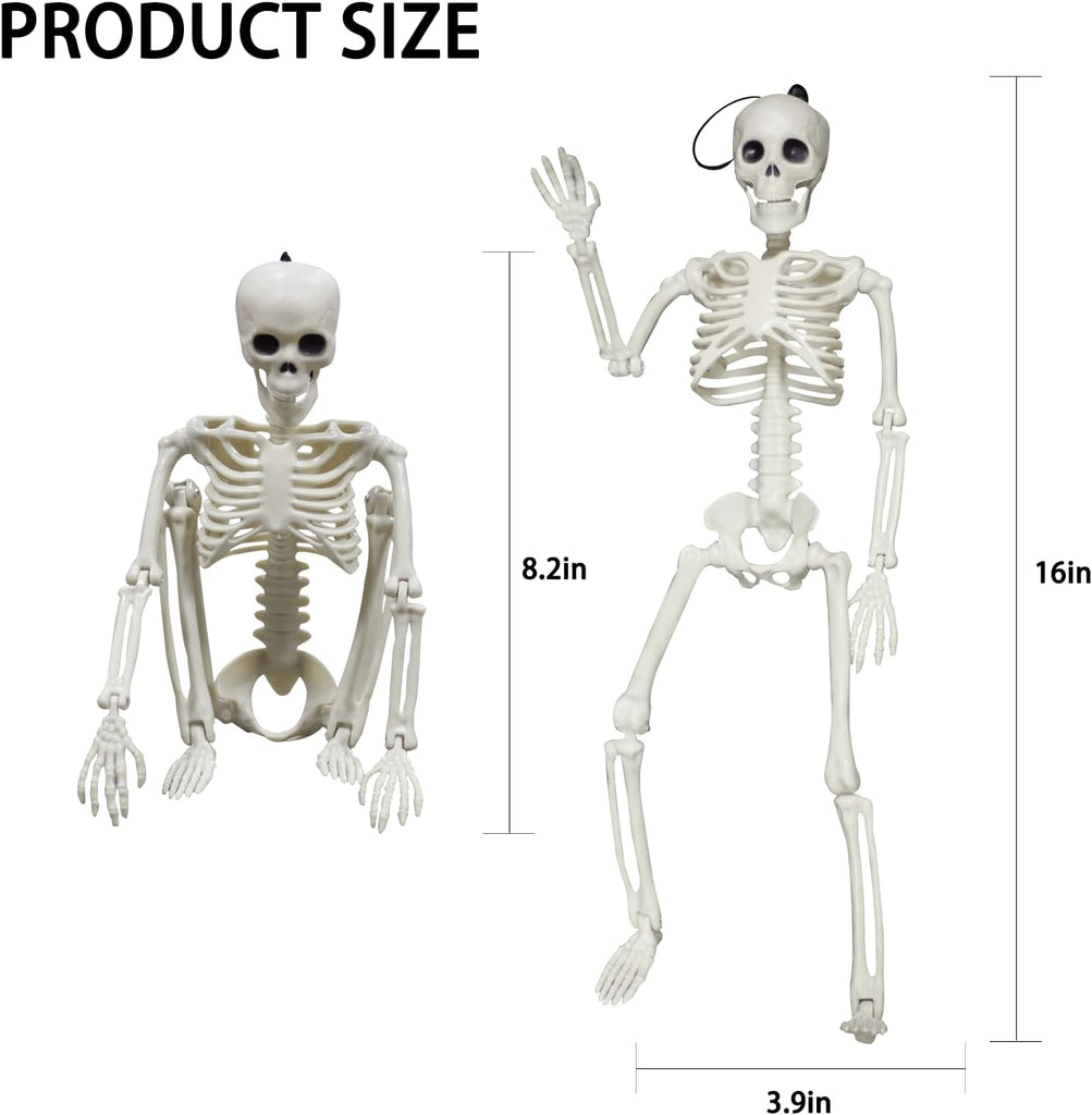Halloween Skeleton Decorations, 16" Small Poseable Full-Body Skeletons with Movable Joints, Hanging Plastic - Set of 8