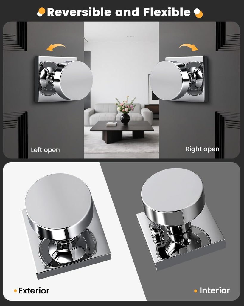 Polished Chrome Privacy Door Knobs with Square Rosette(5 Pack), Interior Heavy Duty Door Handles with Lock, Keyless