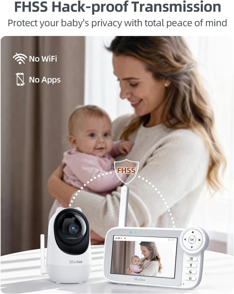 No WiFi Baby Monitor with Color Night Vision, 5" HD Display,1080P Pan Tilt Zoom Camera, Lullabies, Temperature