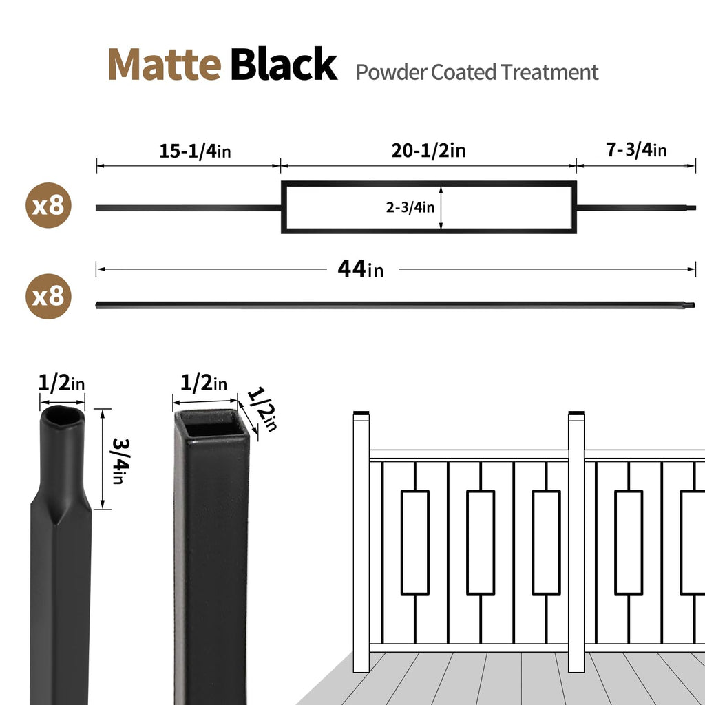 16 Pcs Wrought Iron Balusters 44 Inches Iron Balusters for Staircase Hollow Stair Spindles 1/2" Balusters for