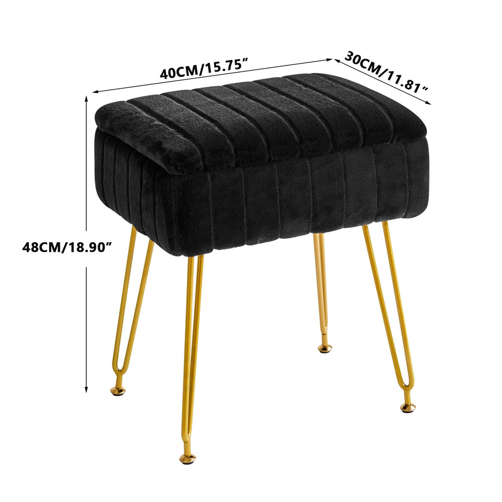 Vanity Stool Chair with Storage, Faux Fur Ottoman, Black