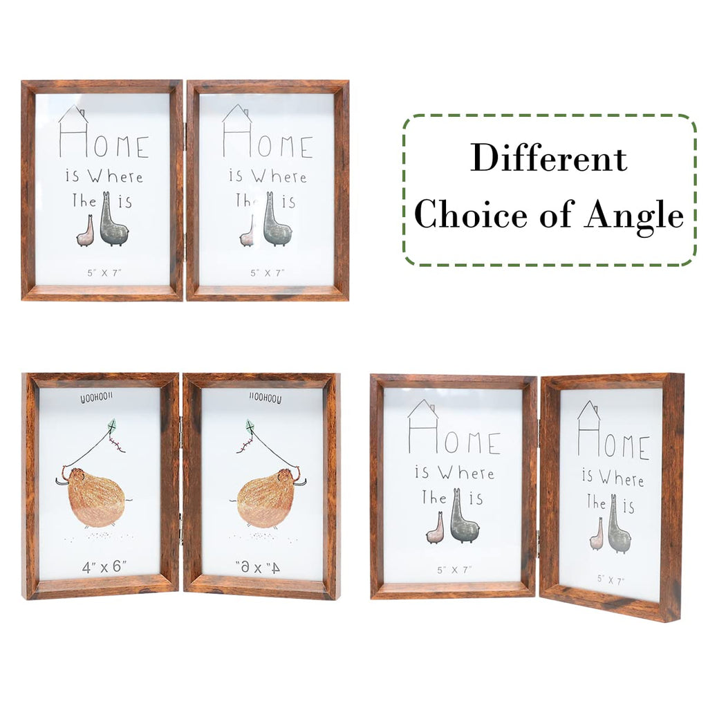 4x6 Double Picture Frame Rustic Brown Wooden Hinged Beveled Photo Frame Definition Glass 2 Vertical Openings Stand on