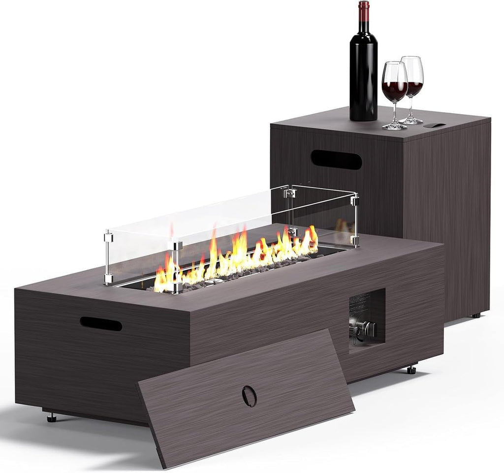 Fire Pit Table 50,000 BTU 42 Inch Rectangular Propane Fire Pit Outdoor with Wind Guard Glass, Lid, Rocks and Cover Gas Firepit