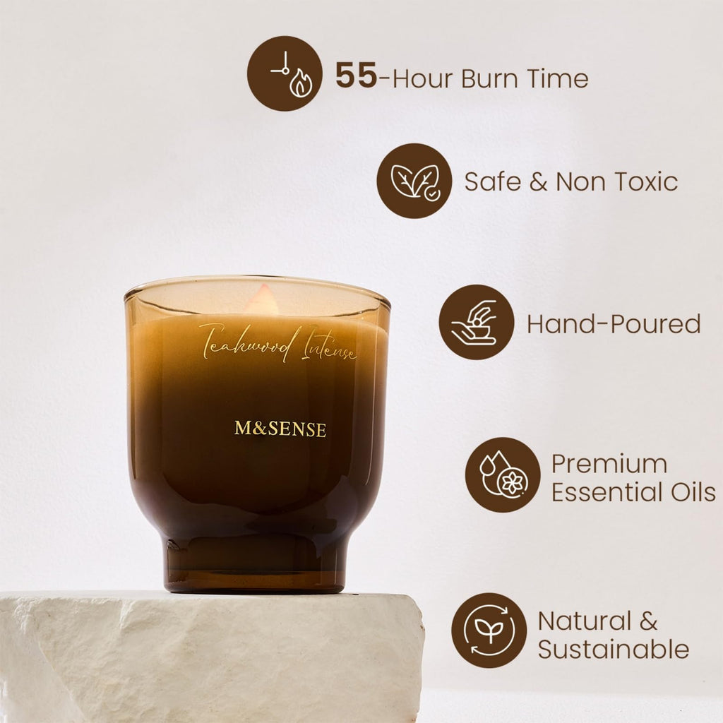 9.9oz Natural Soy Wax Jar Candle with Wooden Wick | Teakwood Intense Scent | 55-Hour Burn & Long-Lasting Burn