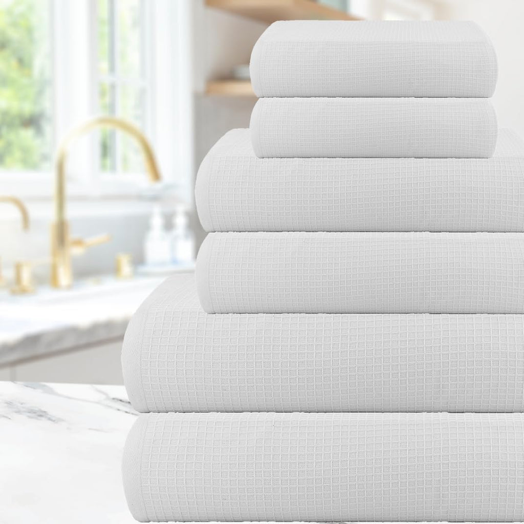 Waffle 6Pcs 100% Egyptian Cotton Large Designer Towels Gift Set- Pure White, 2Bath 2Hand 2Washcloths, Bath Towels