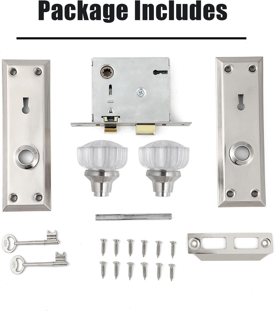 Mortise Lock Set for Interior Door,Antique Door Knobs with Lock and Skeleton Key, Crystal Glass Door Knob