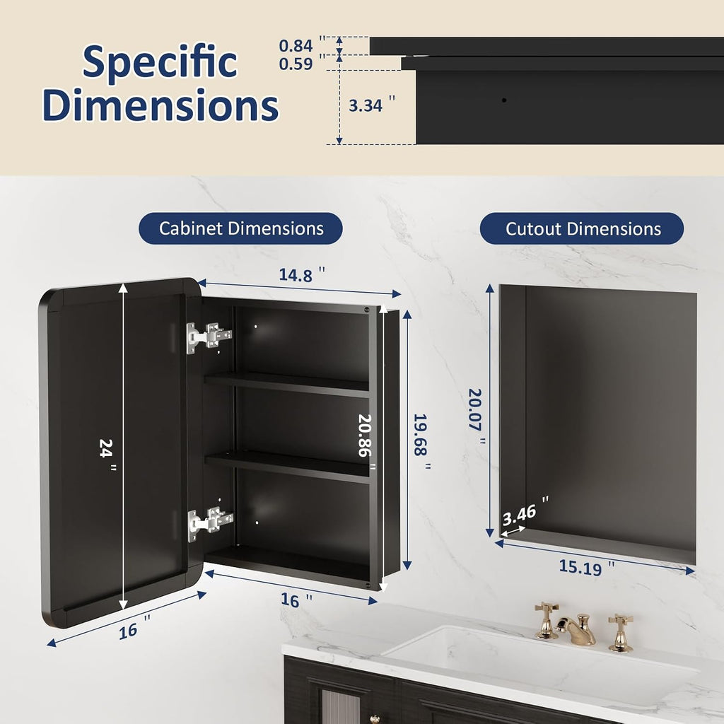 Medicine Cabinet Mirror 16x24 Inch, Black Bathroom Mirror Cabinet with Stepless Adjustable Shelves, Rounded Rectangle