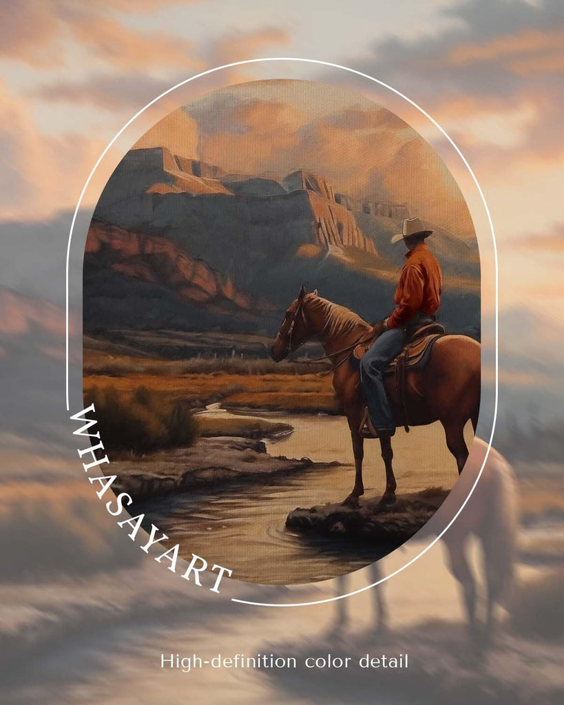 Western Cowboy Framed Canvas Wall Art 16x20 Inch, Horse Rider at Sunset Print Rustic Mountain Landscape Painting
