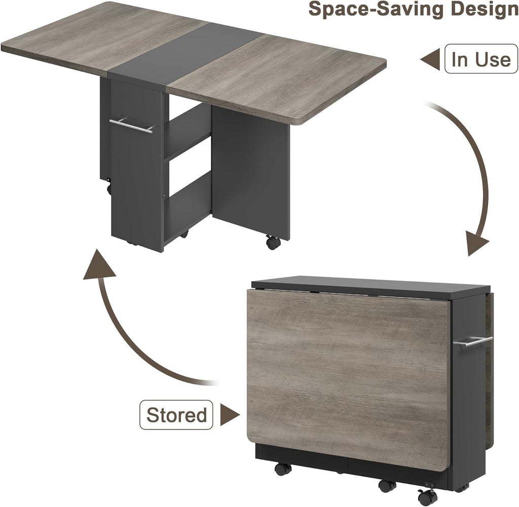 FoldingTable, Drop Leaf Dining Table with 6 Wheels and 2-Layer Storage Shelf, Space Saving Table for Small Spaces