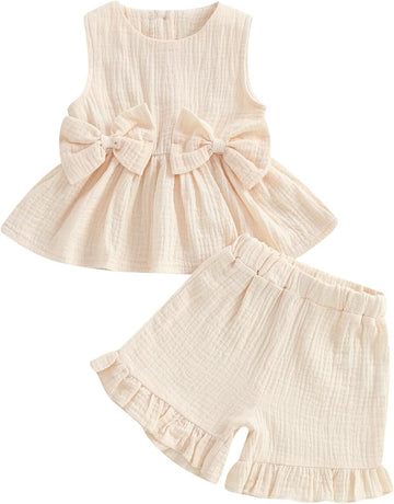 Toddler Girl Summer Outfits Solid Linen Outfit Two Bows Front Ruffle Tank Tops Shirts Shorts Cute Baby Girl Clothes