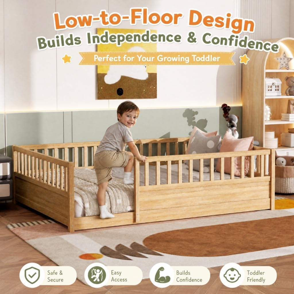 Floor Bed Frame with 21.4" High Fence, Solid Wood Montessori Floor Bed for Kids, Low to Ground