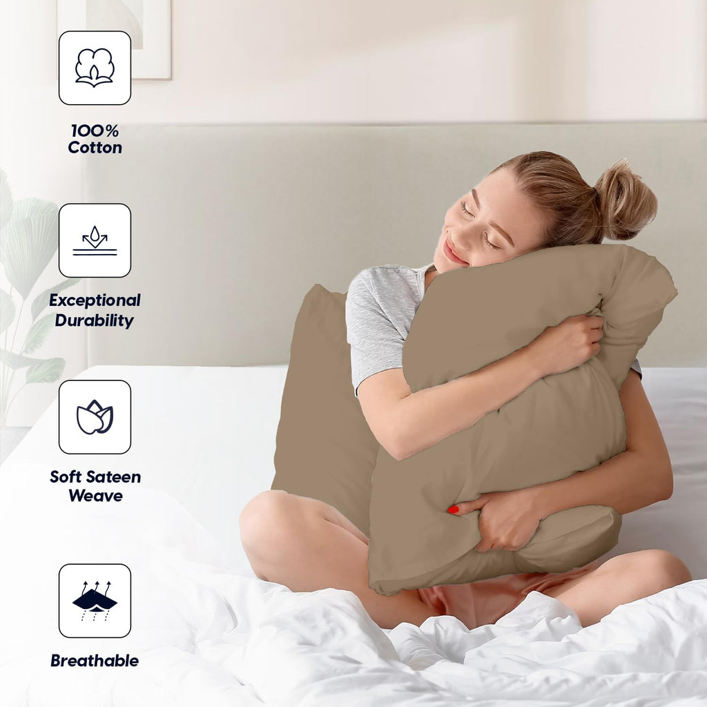 Queen Size Pillow Cases Set of 2, 600 Thread Count 100% Egyptian Cotton Taupe Pillow Covers, Soft Hotel Quality, Open