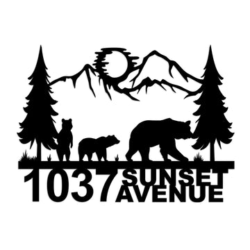 Metal Address Plaque, House Street Name and Numbers, Driveway Address Plaque with 3 Forest-Exploring Bears, Metal