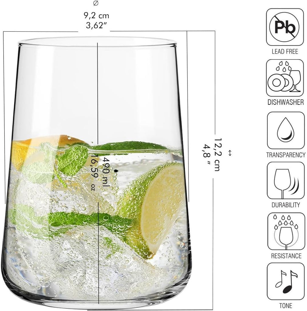 Infinity Drinking Glasses Set of 6 - 16.6 oz Water Juice Glasses, Modern Tapered Tumblers, Lead-Free Glassware, Clear
