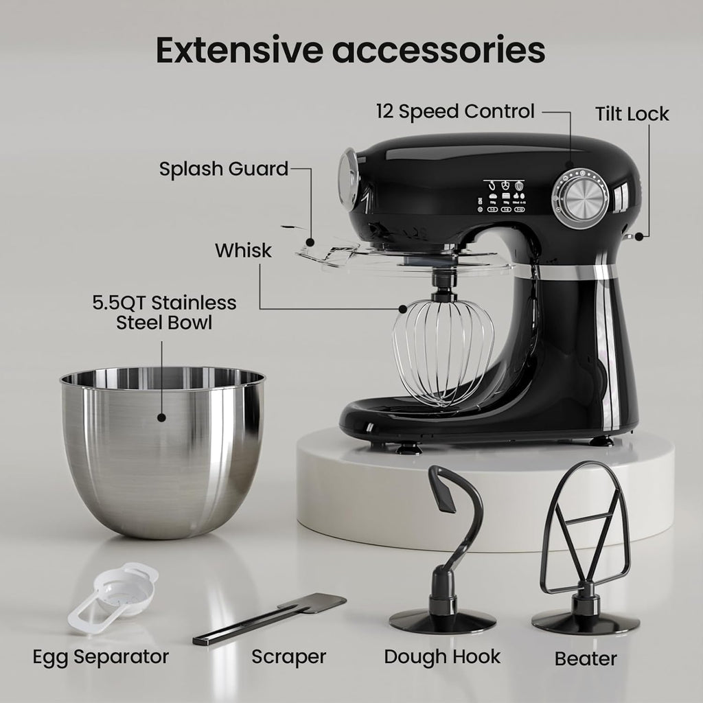 5.5QT 12-Speed Electric Stand Mixer, Tilt Head Kitchen Mixer, Black