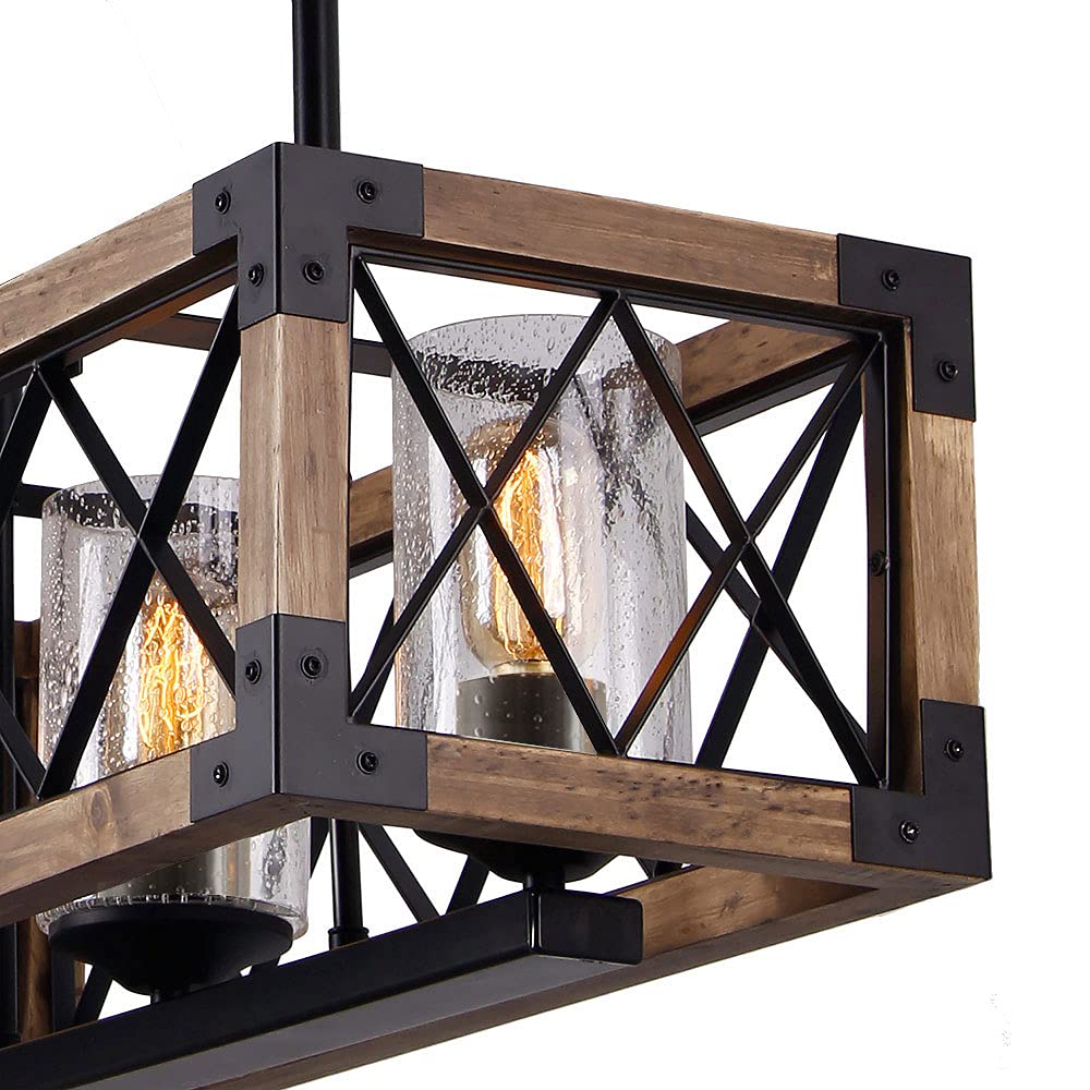Rectangle Wood Metal Pendant Light Kitchen Island Chandelier Black Finish Rustic Industrial Chandelier Vintage
