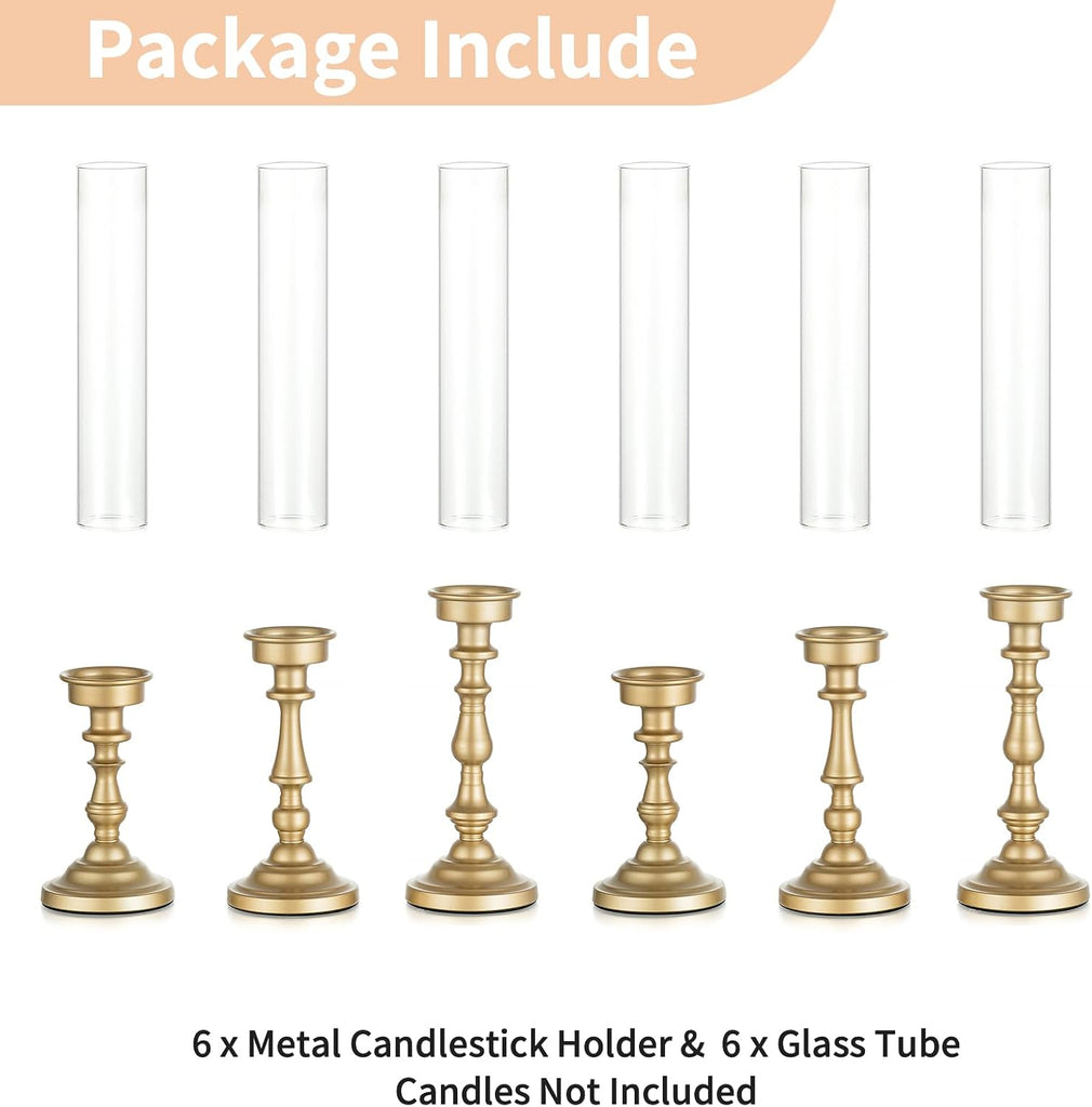 Gold Candlestick Holders Bulk: Set of 6 Tall Hurricane Glass Taper Candleholders - Vintage Candles Stick Stand for
