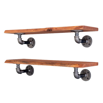24" Sunset Cedar Live Edge Wood Shelf with Industrial L-Shaped Pipe Brackets (2-Pack)