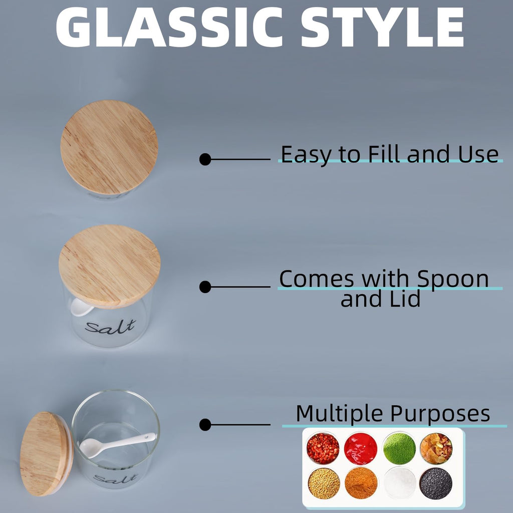 Clear Glass Salt Bowl with Spoon and Silicone Sealing Lid, Farmhouse Kitchen Countertop Canisters, Container Jar