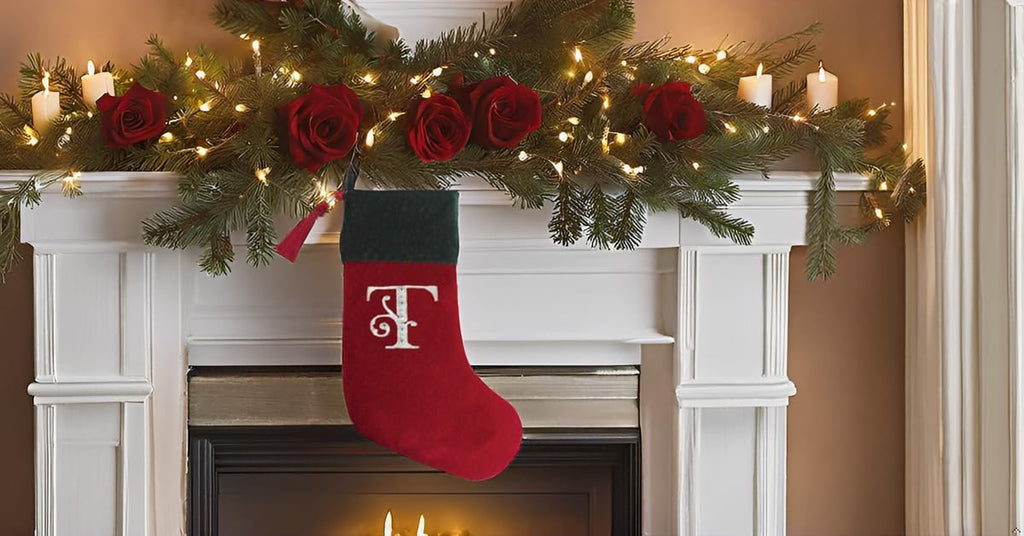 Red and Green Velvet Rhinestone Monogram Christmas Stocking - T