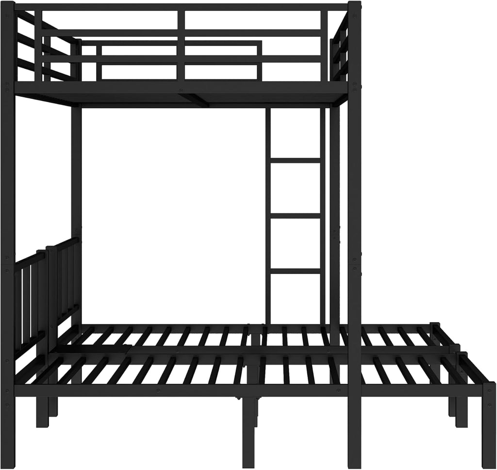 Triple Bunk Bed for Kids, Detachable Queen Over Twin & Twin Metal Bunk Bed with Guardrails, Ladder & Storage