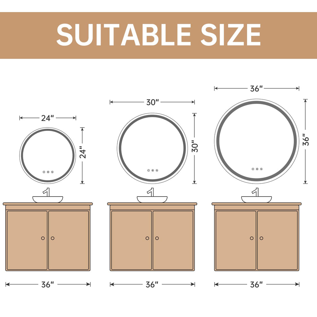 30" Circle LED Mirror, Round Bathroom Mirror with Lights