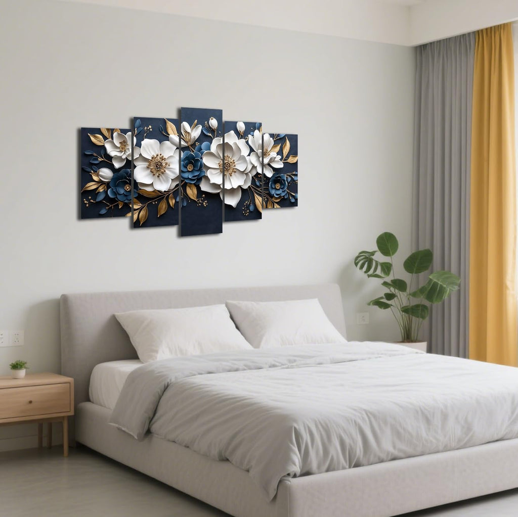 Luxury White and Gold Floral 3D Wall Art 5 Pieces Flower Picture Canvas Prints Abstract Elegant White Floral Painting
