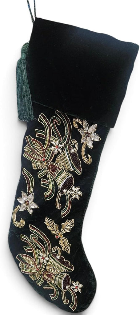 Christmas Stocking for Fireplace Mantel, Green Velvet Embroidered Holiday Stocking with Bird & Floral Design, Elegant