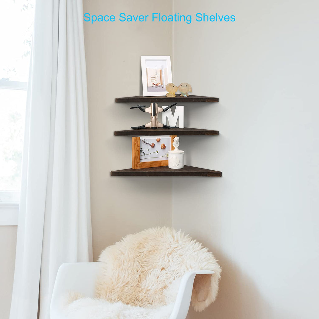 Corner Wall Shelf Set of 3, Floating Corner Shelves, Rustic Wood Wall Storage Display Shelves (Dark Brown)