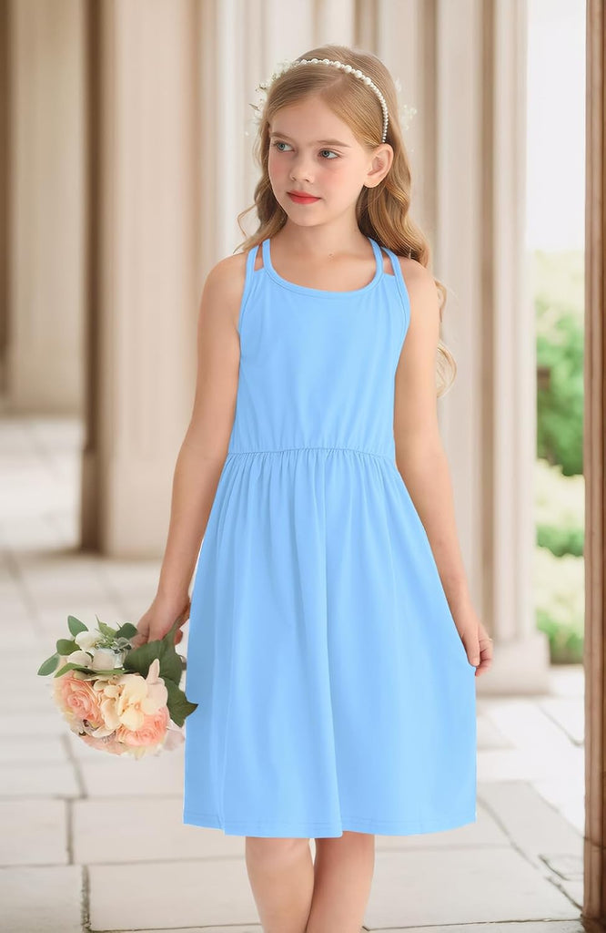 Girls Summer Casual Sleeveless Criss Cross Tank Dress Cute Shift Pleated Midi Sundress with Pockets