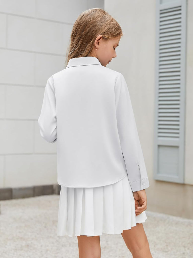 Girls Satin Silk Button Down Shirts Kids Long Sleeve Dress Shirts School Uniform Blouse
