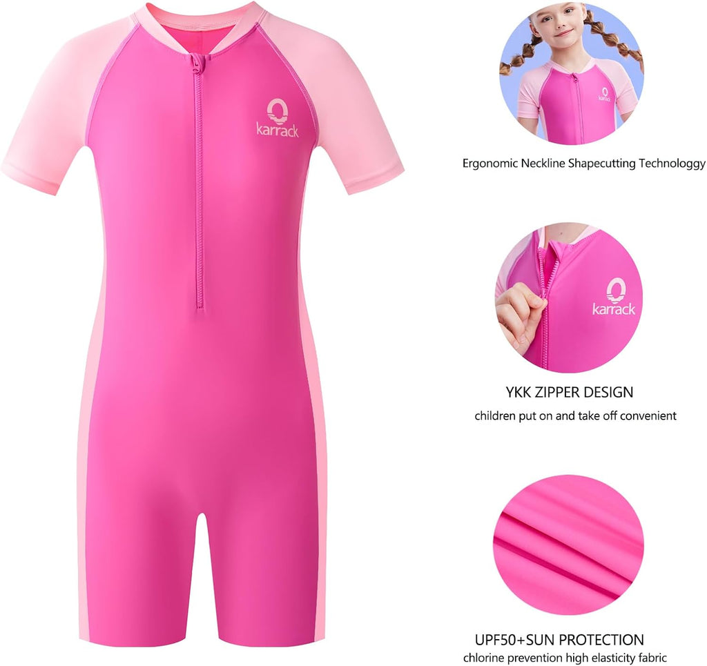 Girls and Boys One Piece Rash Guard Swimsuit Kid Water Sport Short Swimsuit UPF 50+ Sun Protection Bathing Suits