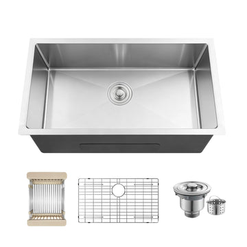 32 Inch Undermount, 32x19x8" Single Bowl Stainless Steel Handmade 16 Gauge Under Counter Basin