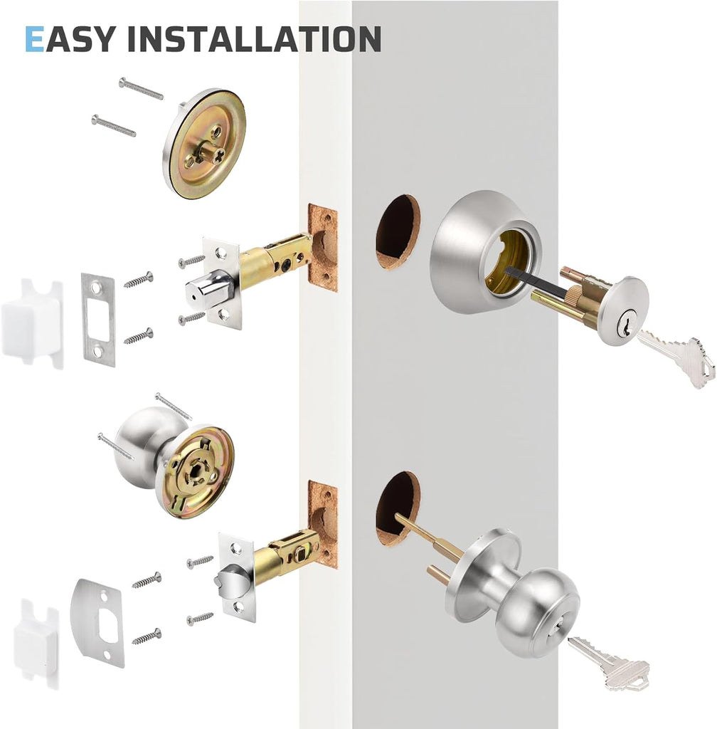 Keyed Entry Door Knob and Single Cylinder Deadbolt Combo Set, Exterior Door Knobs for Entrance and Front Door, Keyed