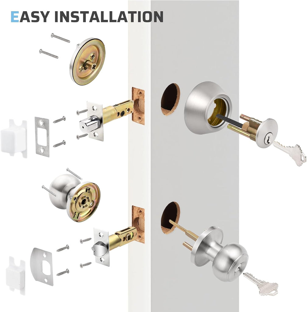 Keyed Entry Door Knob and Single Cylinder Deadbolt Combo Set, Exterior Door Knobs for Entrance and Front Door, Keyed