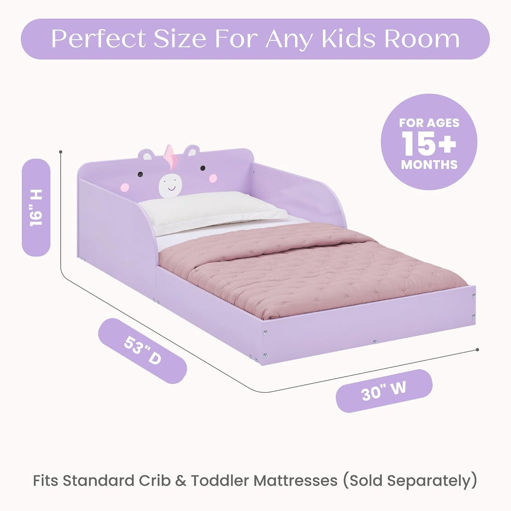 Unicorn Wood Floor Toddler Bed with Reusable Stickers, Purple