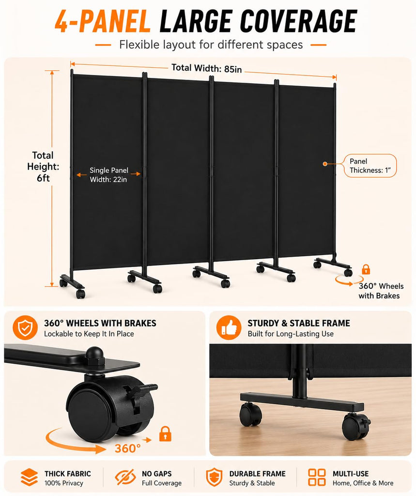 Room Divider, 4-Panel Folding Privacy Screenwith Locking Wheels Wide Feet, PortablePortable with Opaque Canvas and