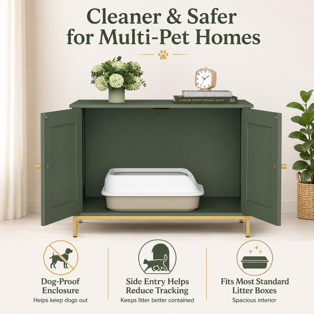 28.3" L Cat Litter Box Enclosure with Metal Frame, Green and Gold