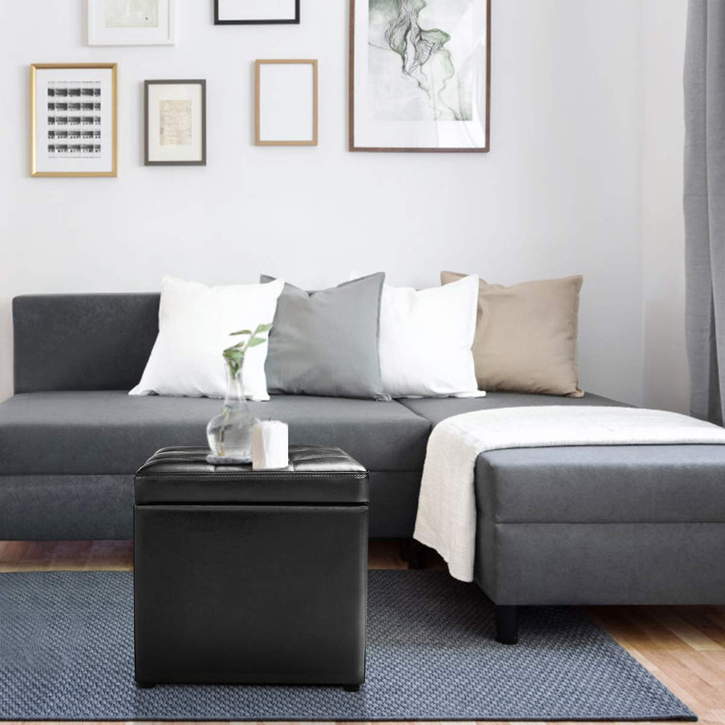 16 Inch Square Ottoman with Storage, PU Leather Foot Rest Stool