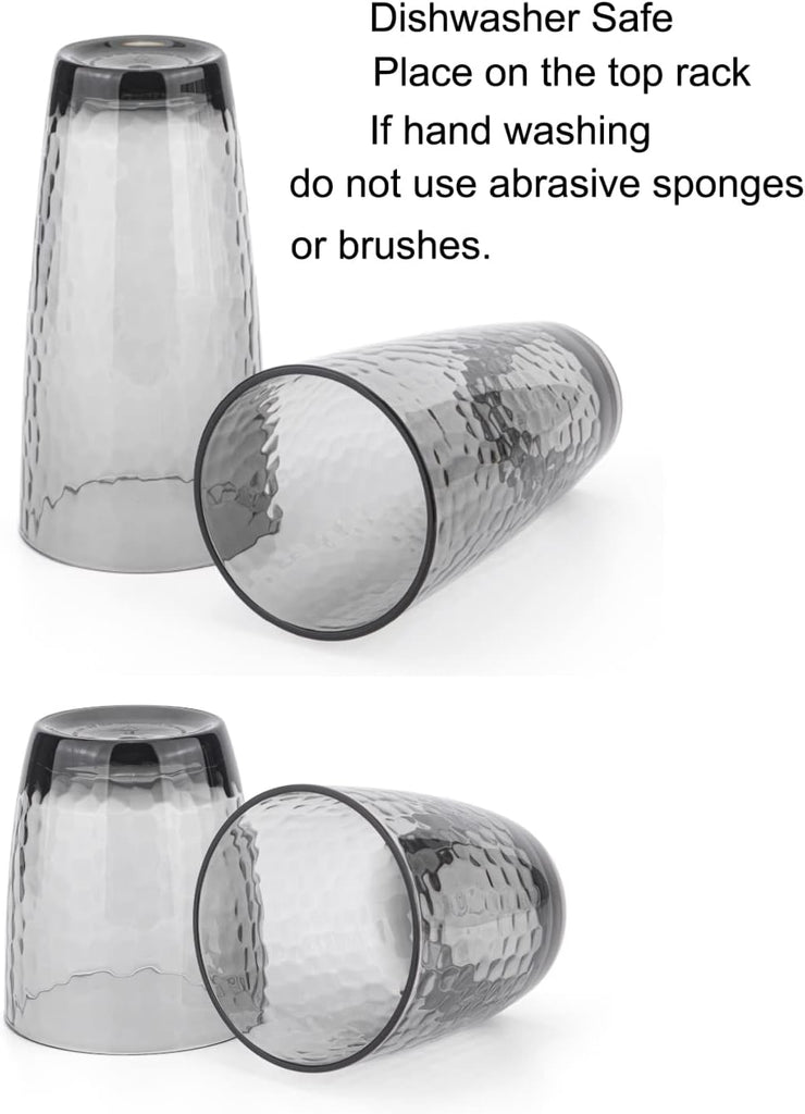 Hammered 15-ounce and 26-ounce Plastic Tumbler Acrylic Glasses, set of 8 Smoky Grey